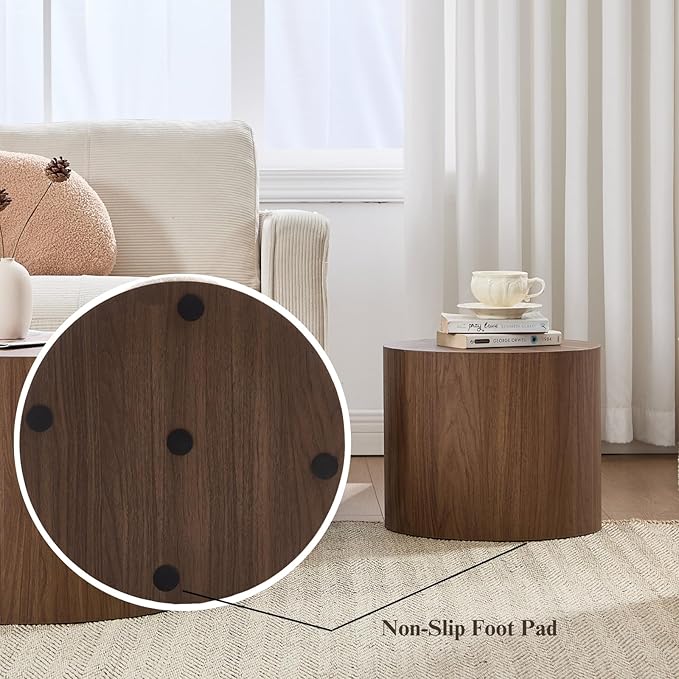 Round Coffee Tables Side Table Set of 2, Wood Nesting End Table for Living Room Balcony Office, Walnut Wooden Color, No Assembling