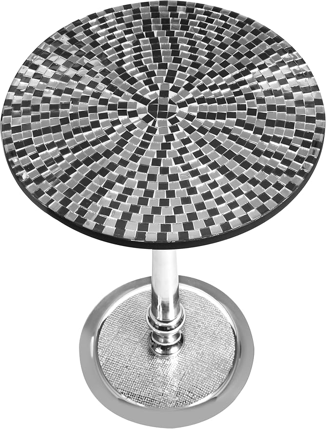 CLEENTABLE Mosaic Coffee Table Stylish Round End Table for Sofa, Living Room, or Bedroom - Elegant Modern Accent Table Decorative Small Side Table with Sturdy Design (Black & Silver)