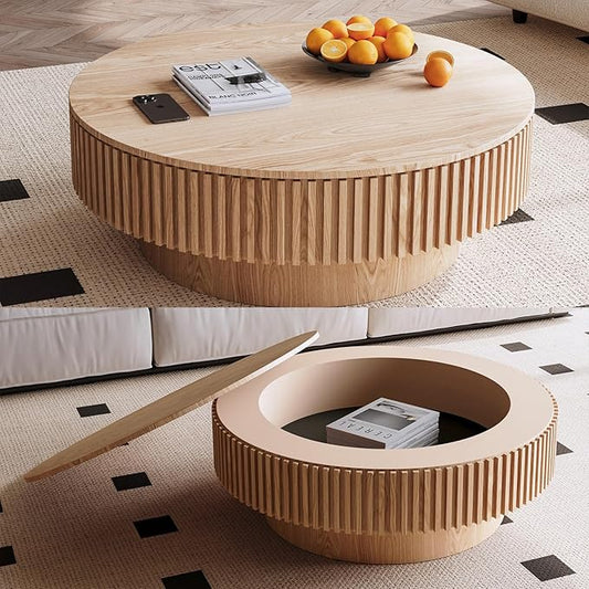39 Inch Round Drum Coffee Table with Storage, Modern Handcraft Fluted Drum Coffee Table, Wooden Round Cocktail Tea Table Center Table with Sturdy Pedestal for Living Room Apartment (Natural)
