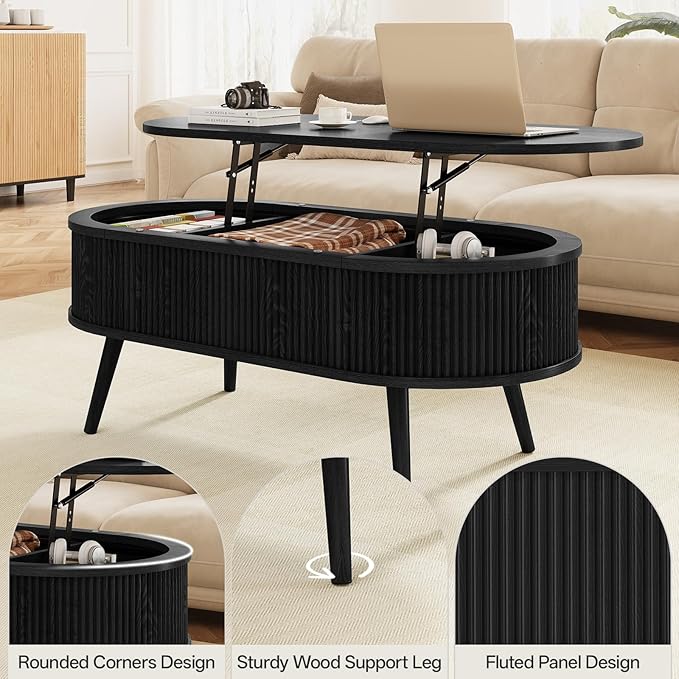 Mid Century Oval Coffee Table, Fluted Center Table with Lift Top, Modern Dining Table with Storage for Living Room Home Office, 39.4", Black