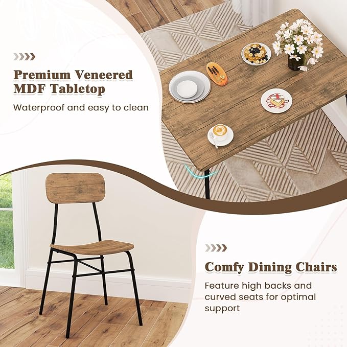 GOFLAME 4-Piece Dining Table Set for 4, Industrial Rectangular Kitchen Table with Bench and 2 Chairs, Storage Racks, Metal Frame, Space-Saving Dinette Set for Dining Room, Living Room, Breakfast Nook