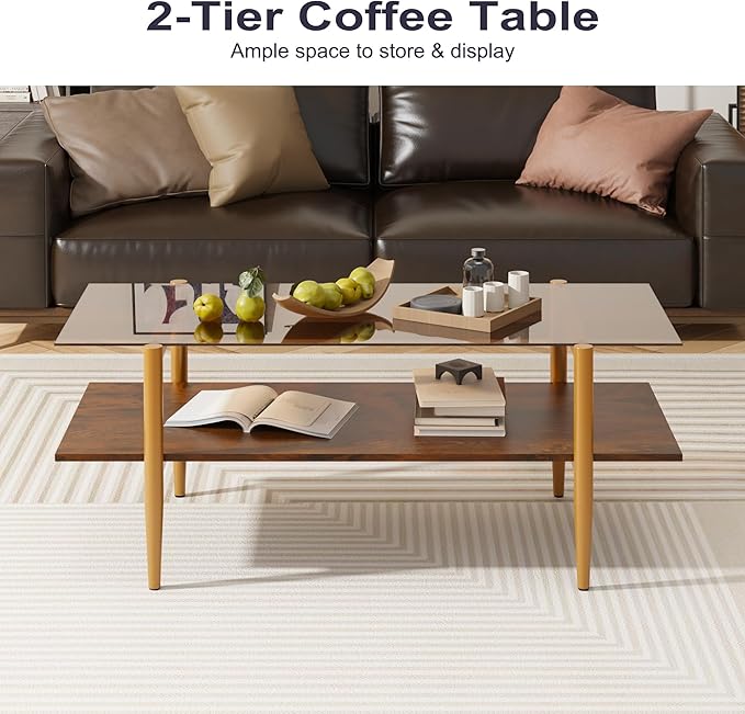 Glass Coffee Table, Rectangle Living Room Center Table with Golden Legs, Mid-Century Modern Accent Tables with Open Shelf for Living Room, Office, Brown