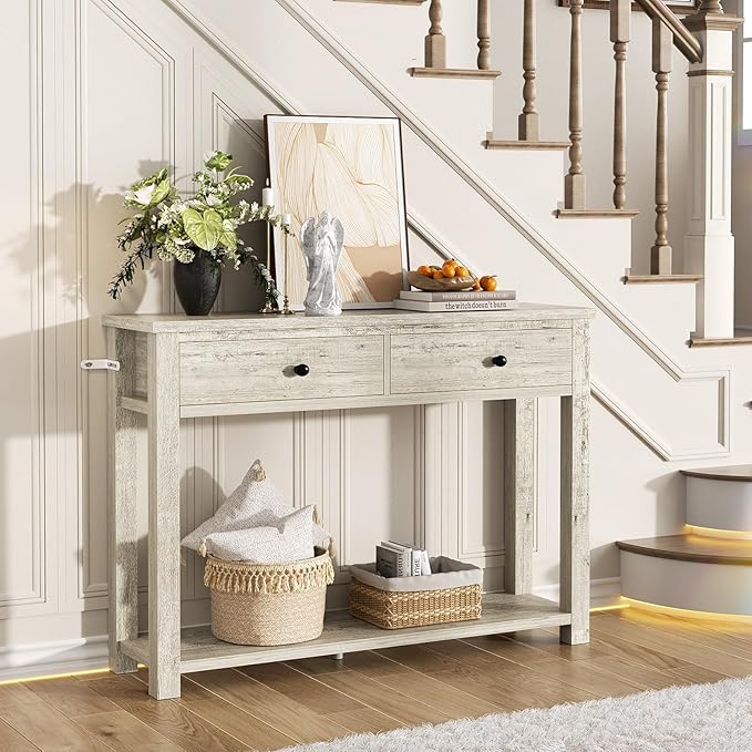 Homieasy Farmhouse Console Table with 2 Drawers, 32 Inch Small Sofa Table with Storage Shelf for Living Room, Behind Couch, Entryway Table for Hallway, Living Room, or Foyer, Light Rustic Oak