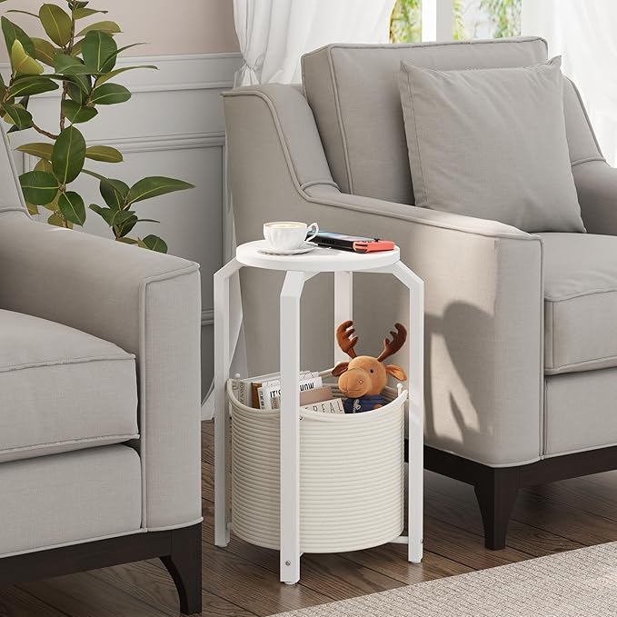 TUTOTAK Small Side Table, Round End Table, Night Stand, Bedside Table, Sofa Table with Storage Basket, Living Room, Bed Room, White TB01BW092