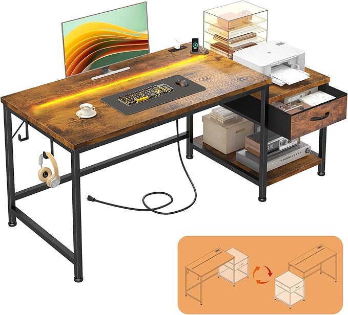 48.1 Small Computer Home Office Desks for Bedroom with Drawer & Printer Shelf,Gaming Desk with LED Lights,Power Outlet & Hook,Reversible Corner Study Desk for Small Space,Carbon