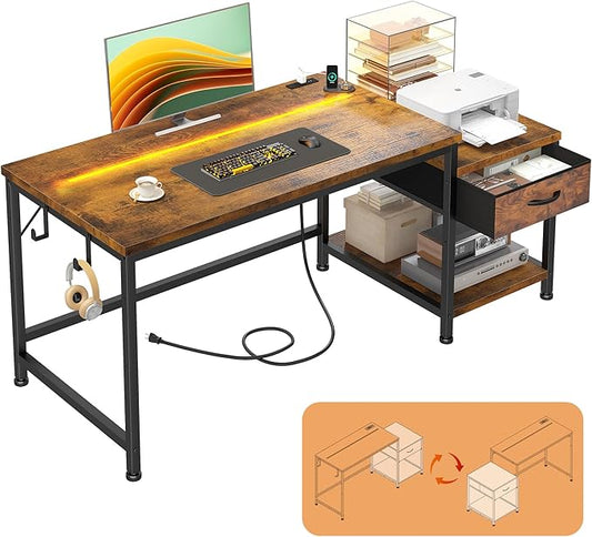 48.1 Small Computer Home Office Desks for Bedroom with Drawer & Printer Shelf,Gaming Desk with LED Lights,Power Outlet & Hook,Reversible Corner Study Desk for Small Space,Carbon