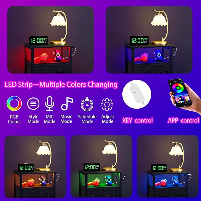 Furnulem Black Nightstand with Wood Shelf, Bed Side Table with Led Light and Charging Station, 25.8 Inch End Table with 3 Fabric Storage Drawers, Small Night Stand for Bedroom Furniture