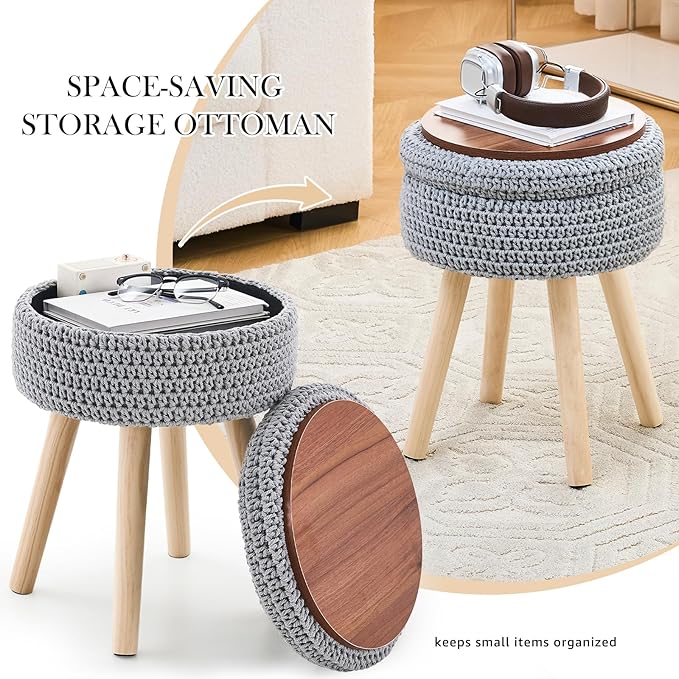 Round Foot Stool Ottoman with Storage Footrest with Wood Legs Cotton Knitted Vanity Stool Tray Top Coffee Table Multifunctional Upholstered Footstool for Living Room Bedroom Grey