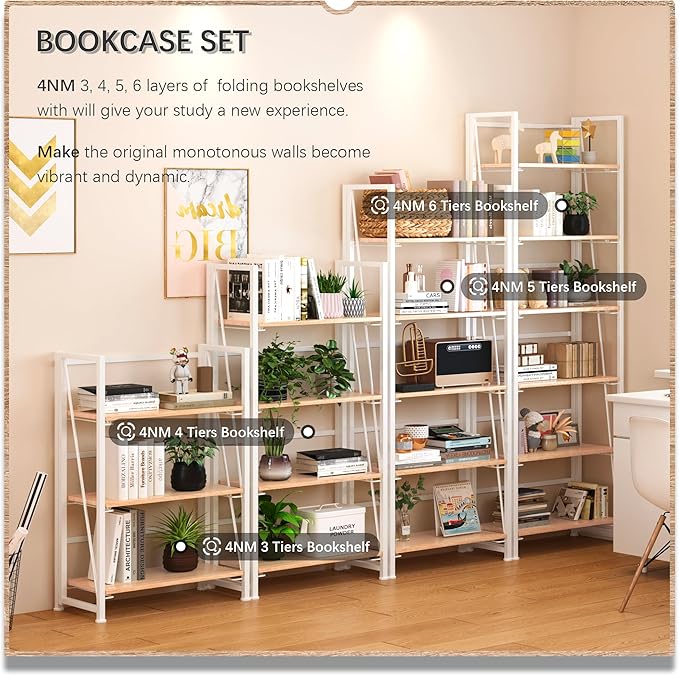 4NM No Assembly Folding Bookshelf, 6-Shelf 74" H Collapsible Foldable Bookcase Storage for Small Spaces, Natural White