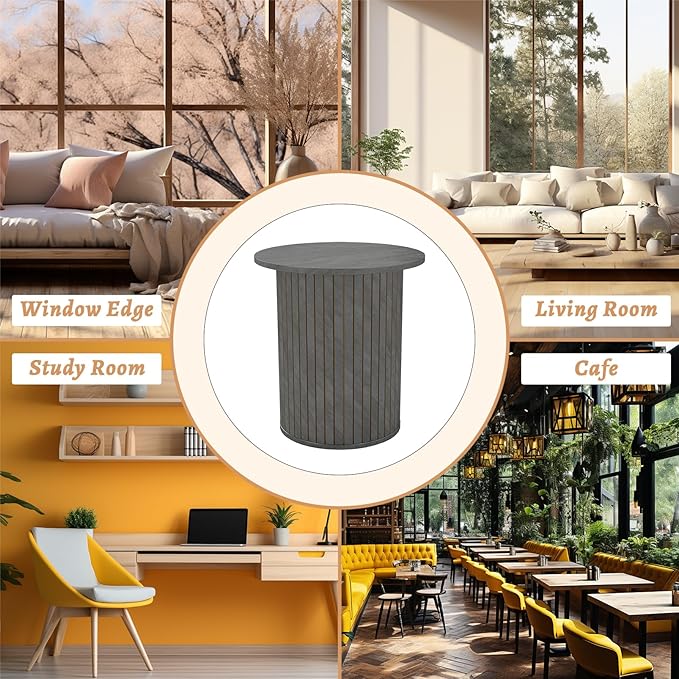 Round Side Coffee Table with Fluted Design Modern Wooden Accent End Table for Living Room, Bedroom, Office Small Nightstand(Grey)