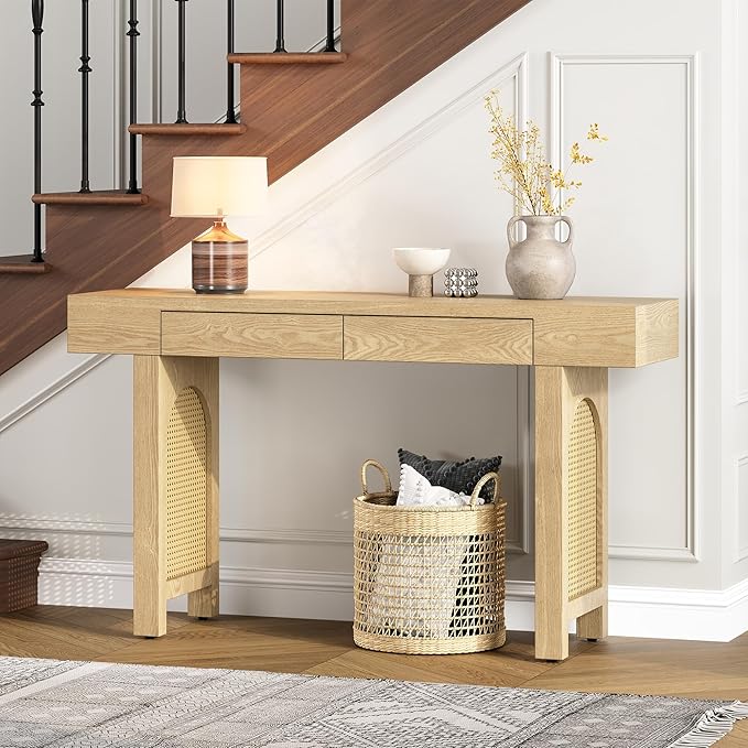 51.9" Narrow Console Table for Entryway, with Storage Drawers, Natural Wood Finish Table Rattan Accent, Stylish Rustic Sofa Table for Living Room and Hallway (Natural Wood)