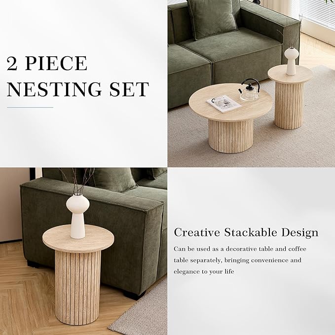 Small Round Coffee Table Set of 2, Wood Finish Nesting Coffee Tables, Boho Circle Side Table for Living Room (φ27.6 Large Short + φ15.8 Small Tall)