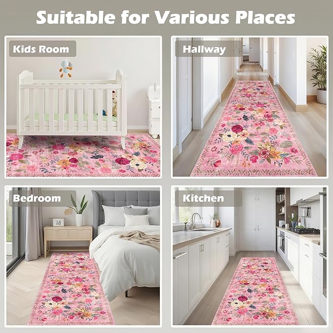 Pink Rug for Hallways Kitchen Rug 2x6, Non Slip Washable Rugs with Rubber Backing Soft Floral Carpet Runner for Hallways, Kitchen, Laundry, Bedroom, Bathroom (2 x 6, Pink Lawn)
