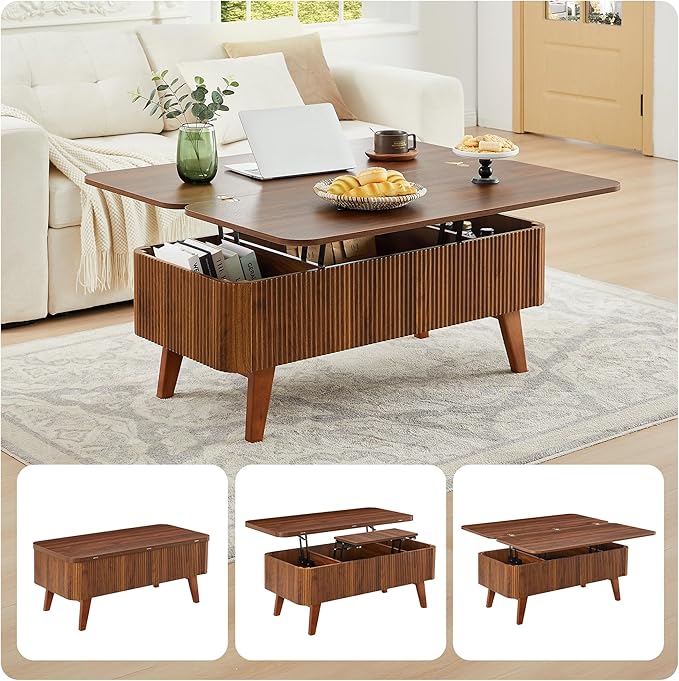 3 in 1 Lift Top Coffee Table, Fluted Convertible Coffee Tables Converts to Dining Tables, Modern Oval Wooden Center Table with Storage for Living Room Office Small Space, Partial Assembly (Walnut)