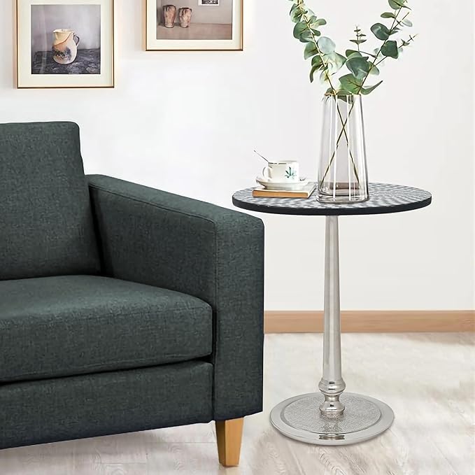CLEENTABLE Mosaic Coffee Table Stylish Round End Table for Sofa, Living Room, or Bedroom - Elegant Modern Accent Table Decorative Small Side Table with Sturdy Design (Black & Silver)