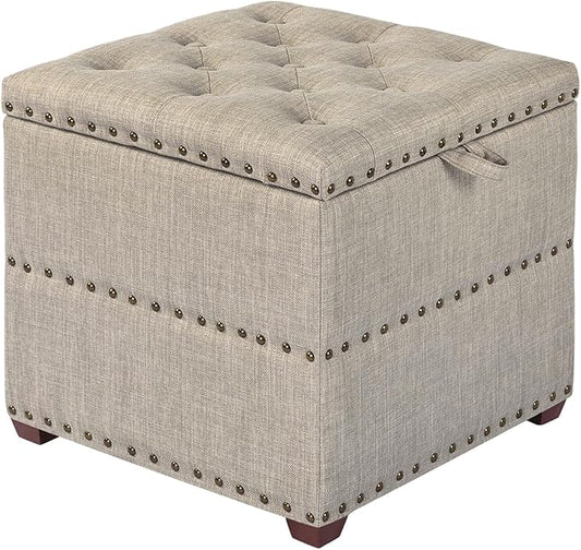 Adeco 18 Inch High Cube Ottoman Storage, Linen Beige Chair Foot Stools with Tray, Upholstered Vanity Stool with Solid Wood Legs