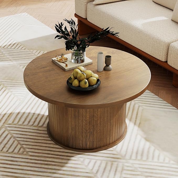 SoarFlash 31.5 Inch Fluted Coffee Table, Mid Century Modern Round Coffee Table, Center Table with Sliding Door and Wood Fluted Handle for Living Room, Brown