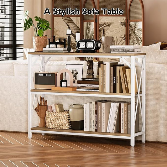 Homeiju Entry Table 40" Width, 3-Tier Entryway Table with Storage, Industrial Sofa Table with Open Shelves, Foyer Tables for Entryway, Hallway, Kitchen, Living Room and Bedroom, Light Coffee