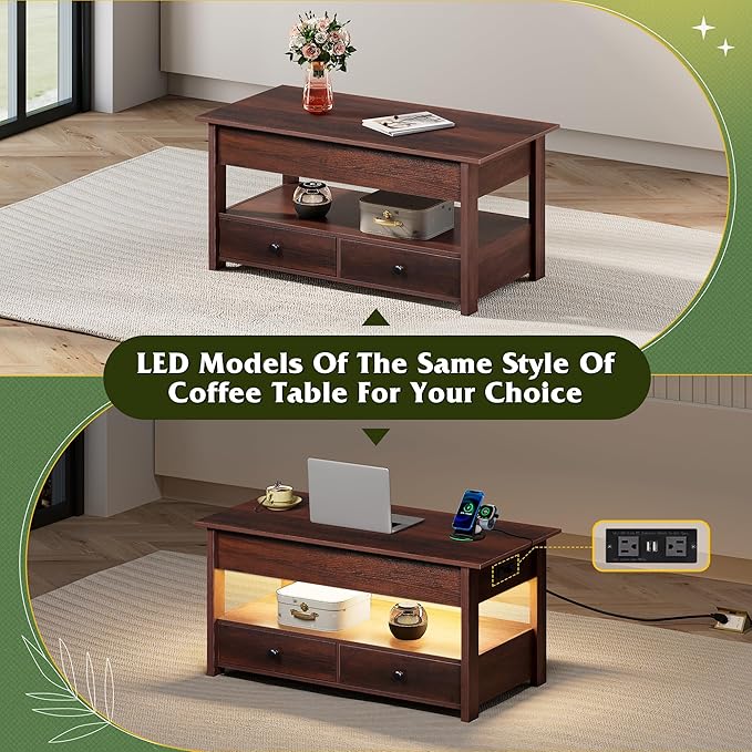 WLIVE Coffee Table, Lift Top Coffee Table with 2 Drawers, LED Light, Large Hidden Compartment and Open Shelf, Lift Tabletop, Dining Table for Living Room, Espresso