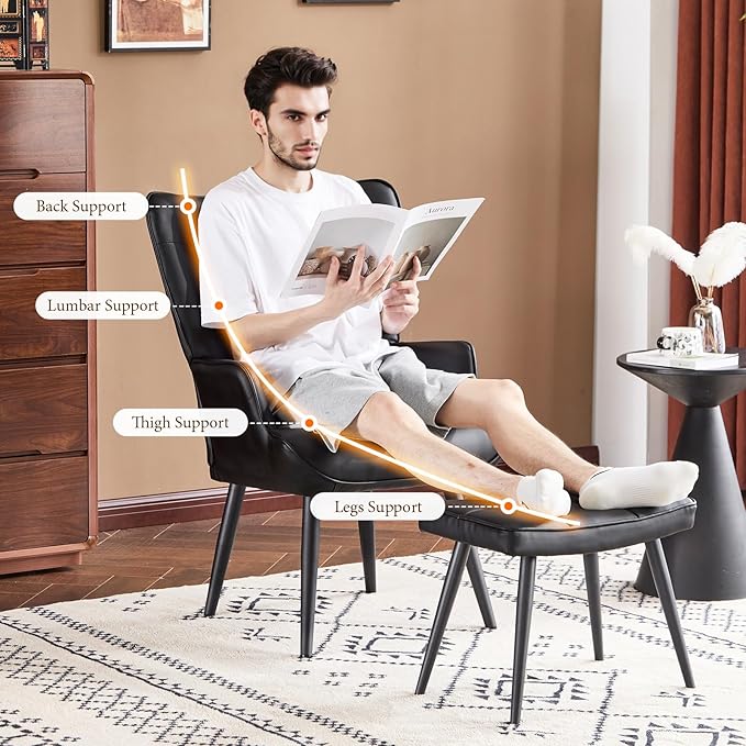 Furniliving PU Leather Accent Chair with Ottoman, Upholstered Reading Chair with High Backrest, Tufted-Button Wingback Armchair for Bedroom, Dressing Room, Home Office, Black