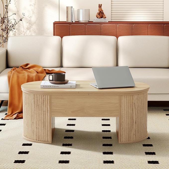 ORRD Lift Top Coffee Table, Fluted Coffee Table with Lifting Top, Wooden Lift Up Dining Table with Hidden Compartment, Center Table for Living Room, Office - Oak