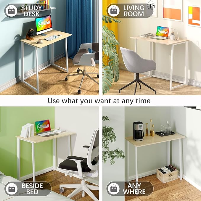 4NM 31.6" Small Folding Desk, Foldable Computer Home Office Desk, Study Writing Table for Small Space Saving Bedroom, with Storage Bag - Natural and White