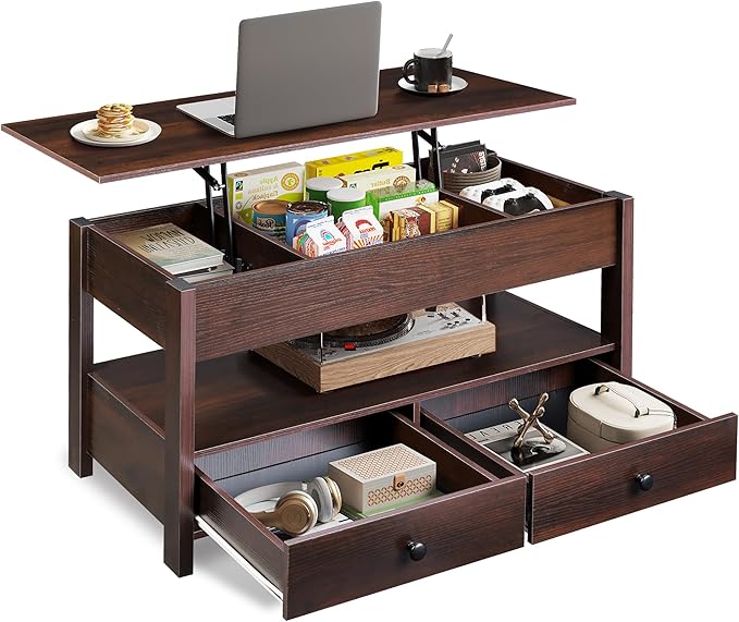 WLIVE Coffee Table, Lift Top Coffee Table with 2 Drawers, Large Hidden Hidden Compartment and Open Shelf, Lift Tabletop, Dining Table for Living Room, Espresso
