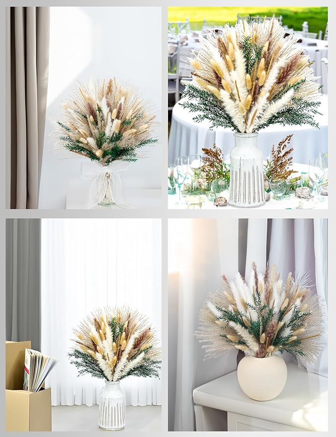 100 PCS Pampas Grass (Vase Not Included), Dried Flowers Bouquets, Wedding Table Decor, Bedroom, Rustic Farm Decor.(Green)