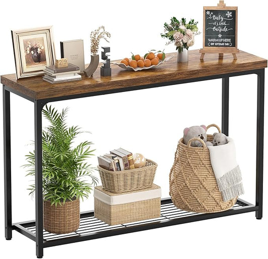 Console Table, Entryway Table, Sofa Table with Mesh Shelves, Console Tables for Living Room, Bedroom, Hallway, Entryway, Foyer (2 Tier, Rustic Brown, 47 inch)