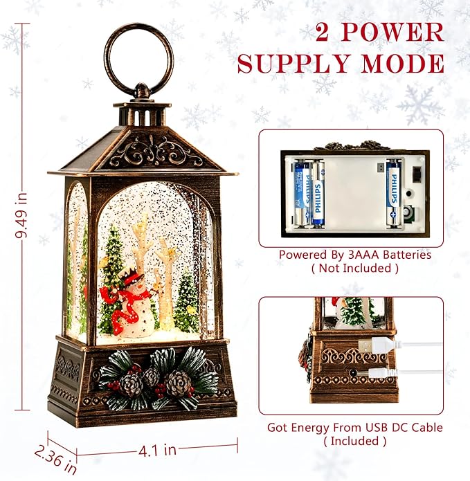 Christmas Lantern,Christmass Snow Globe Lantern Lights with 8 Christmas Songs,Battery & USB Powered,Christmass Snow Swirling Glitter Water Globe Lanterns for Xmas Home Decoration Holiday Party Gifts.