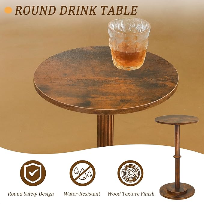 MaxSmeo Drink Table, Small Side Table for Small Spaces, Modern Round End Table with Fluted Wood Leg, Rustic Brown