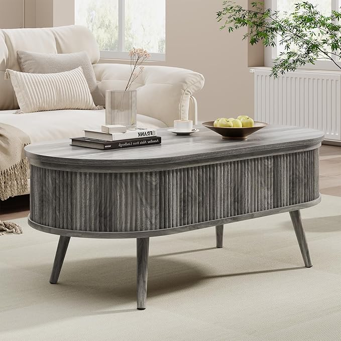 Mid Century Oval Coffee Table, Fluted Center Table with Lift Top, Modern Dining Table with Storage for Living Room Home Office, 39.4", Gray