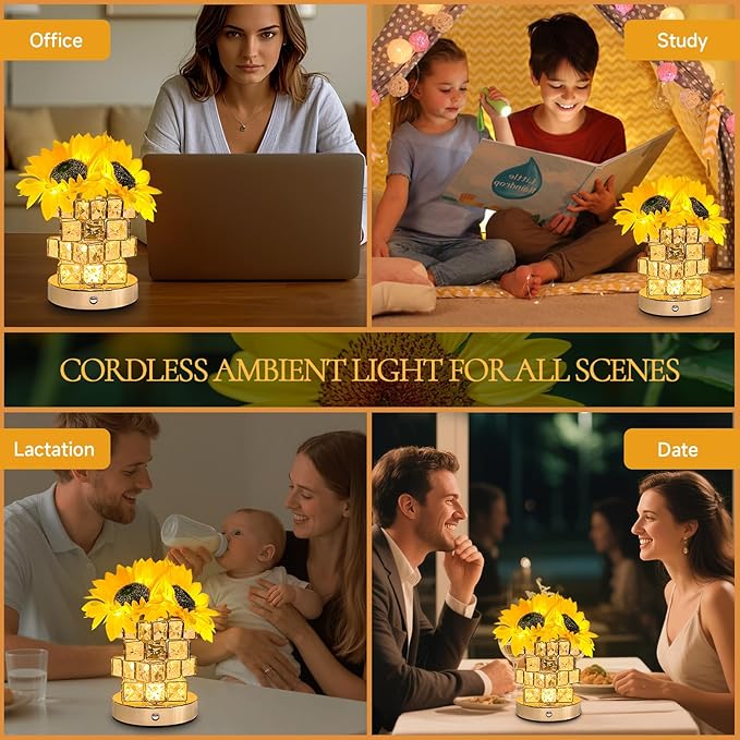 Sunflower Crystal Table Lamp, Touch Dimming Night Light, USB Rechargeable Bedside Lamp LED Artificial Flowers Lamp, Desk Lamp Aesthetic for Bedroom Home Decor