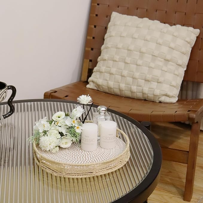 GYASVWU Round Decorative Serving Tray with Handles, Paper Rope Woven Tray for Coffee Table, Rattan Serving Tray for Ottoman, Dining Table Trays, Wicker Trays for Kitchen/Living Room/Bedroom (Beige)
