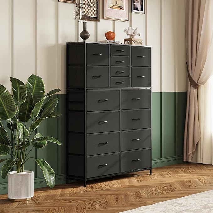 Tall Console Table with 16 Fabric Drawers, Entryway Table with Storage, Large Storage Organizer with Wood Top, Steel Frame for Living Room, Hallway, Office, Charcoal Black