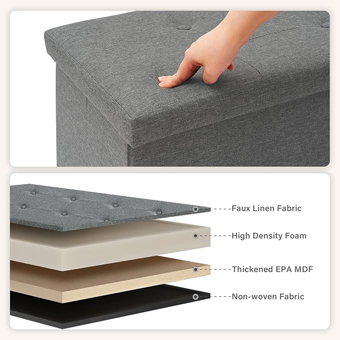 PINPLUS Folding Storage Ottoman Bench, Grey Linen Long Ottoman Chest Foot Rest Stool with Padded Seat, Chest with Tray, Bedroom Bench with Storage, 43.3inches