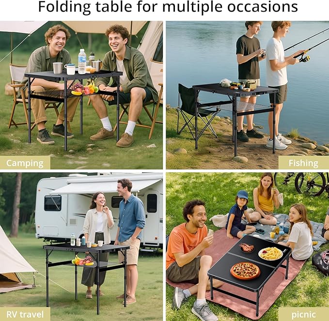 Anbte Folding Camping Table, 36" x 24" Portable Table Adjustable Height Max 28 inch Aluminum Folding Table with Storage Net, Lightweight, Portable Handle for Travel, Outdoor, Backyard (Black)