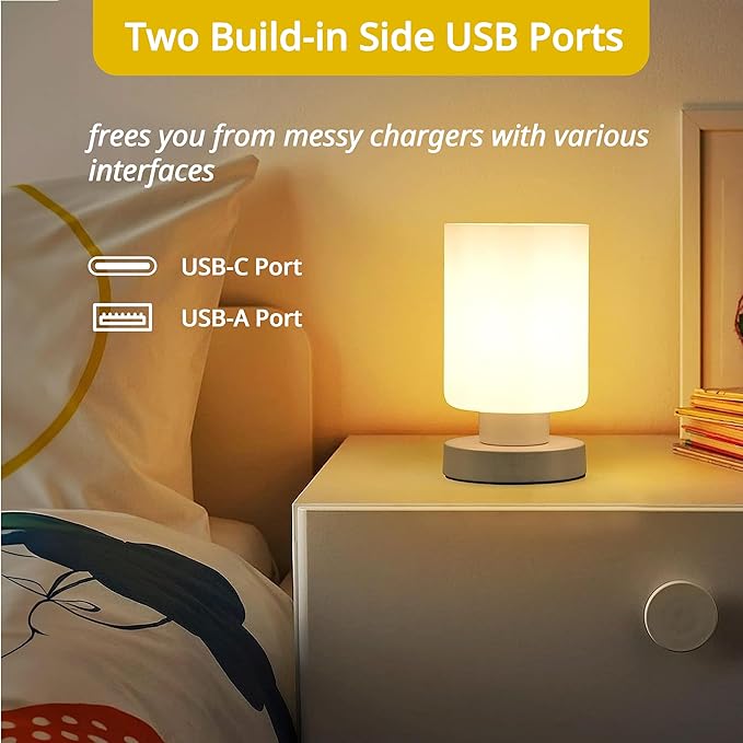 Touch Bedside Lamp, Mini Stepless Dimmable Table Lamps for Bedroom for Night Stands, Small Desk Lamp with Brightness Memory, USB Charging Ports, Warm LED Bulb, White, Cylindrical Shape, 1 Set