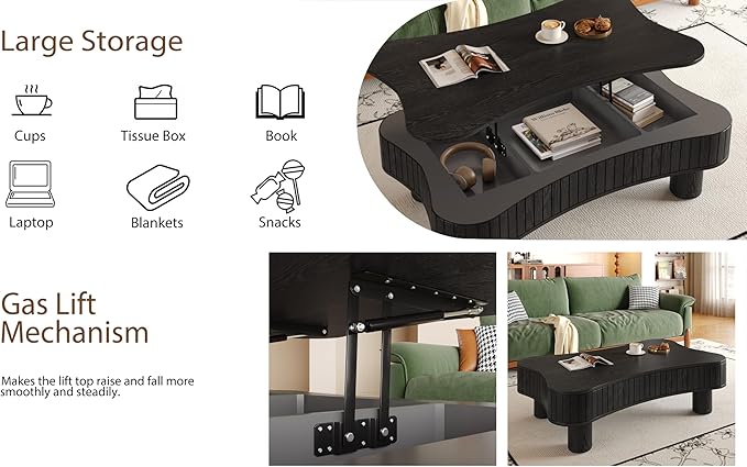 42.5" Lift Top Fluted Coffee Table with Hidden Storage Compartment, Modern Cloud-Shaped Wooden Center Table Cocktail Tea Table with Curved Safety Corners and Adjustable Height, Black