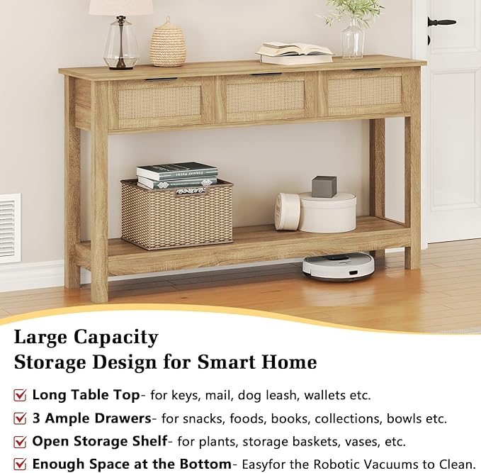Luoxiao Rattan Console Table Boho Entryway Table with 3 Drawers Storage, Narrow Long Behind Couch Sofa Table for Living Room Side Table Entry Way Table Entrance Hallway Foyer, Natural, 47 Inch
