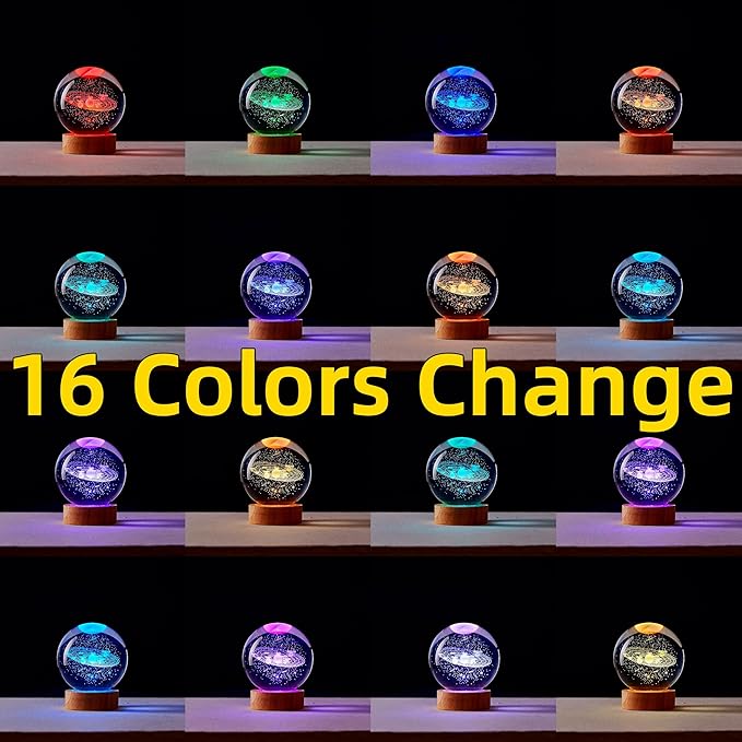 Solar System Crystal Ball Lamp with LED Wooden Base, 16 Colors Change & Remote Control Galaxy Crystal Ball Night Light, Upgraded 3.15 Inch Glass Light, Planet Gift for Kids Wife (Solar System)