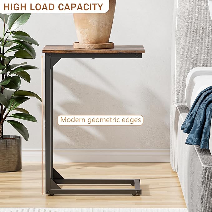 C-Shaped Side Table, C-Table for Sofa, Couch Table with Metal Frame, Large Surface Sofa Table for Living Room（Brown）