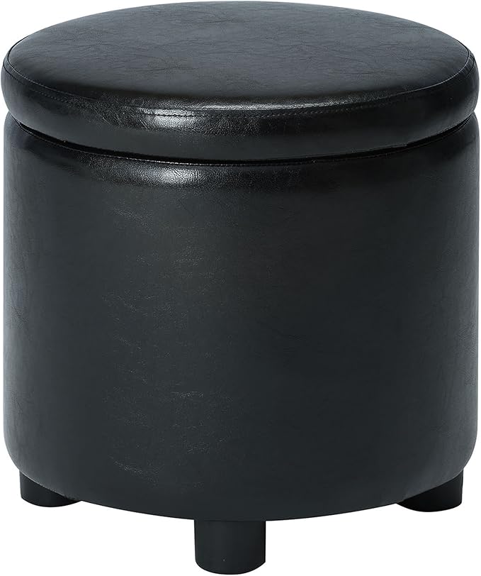 Convenience Concepts Designs4Comfort Round Accent Storage Ottoman in Black Faux Leather Fabric