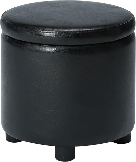 Convenience Concepts Designs4Comfort Round Accent Storage Ottoman in Black Faux Leather Fabric