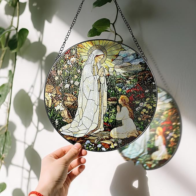 8 Inch Lady of Lourdes Stained Glass Suncatcher, Stained Glass Window Hanging, Virgin Mary Religious Window Hanging, Gift for Mothers Day, Catholic Home Decor, Faith Gift for Christian, Religious Gift