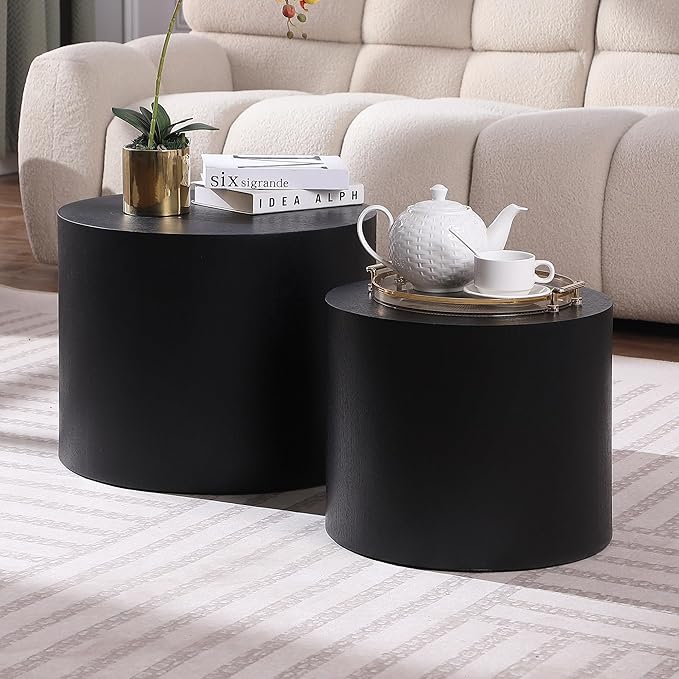 Small Coffee Table Nesting End Table Set of 2, Round Coffee Table Wood Side Table Circle Accent Tables for Small Spaces Living Room Bedroom Balcony Office, Black