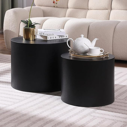Small Coffee Table Nesting End Table Set of 2, Round Coffee Table Wood Side Table Circle Accent Tables for Small Spaces Living Room Bedroom Balcony Office, Black