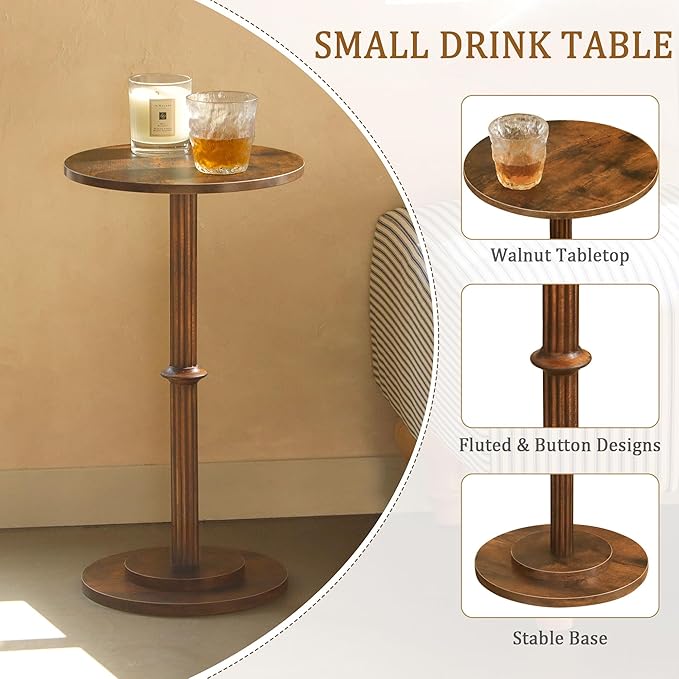 MaxSmeo Drink Table, Small Side Table for Small Spaces, Modern Round End Table with Fluted Wood Leg, Rustic Brown