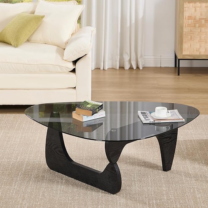Black Glass Coffee Table, 44.5" Triangle Center Table with Wood Base Abstract Contemporary Coffee Table for Living Room Office Patio, Grey