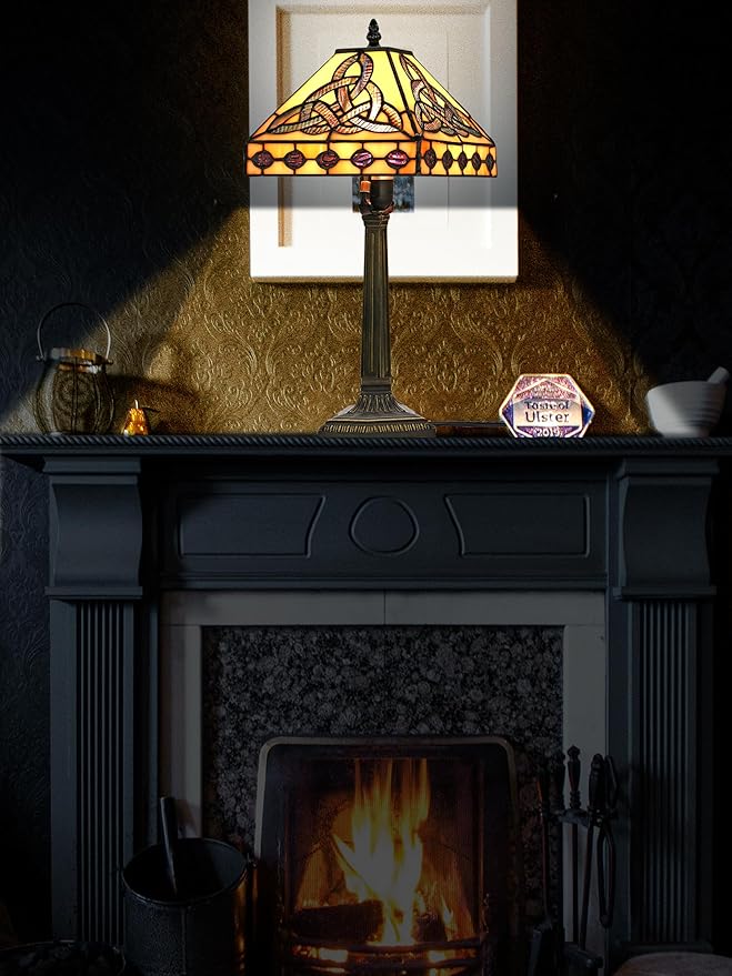 KY&BOSAM Tiffany Style Table Lamp Irish Celtic 17500 Lumens Stained Glass Art Style Fairy Lamp Night Light Shade E26 Bulb Holder Metal Base ON Off Switch Home Office Memory Lamp St Patrick's Day Gift